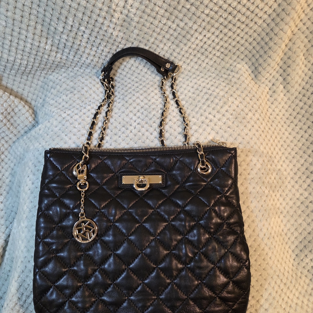 DKNYC Black Quilted Shoulder Bag with Gold Chain